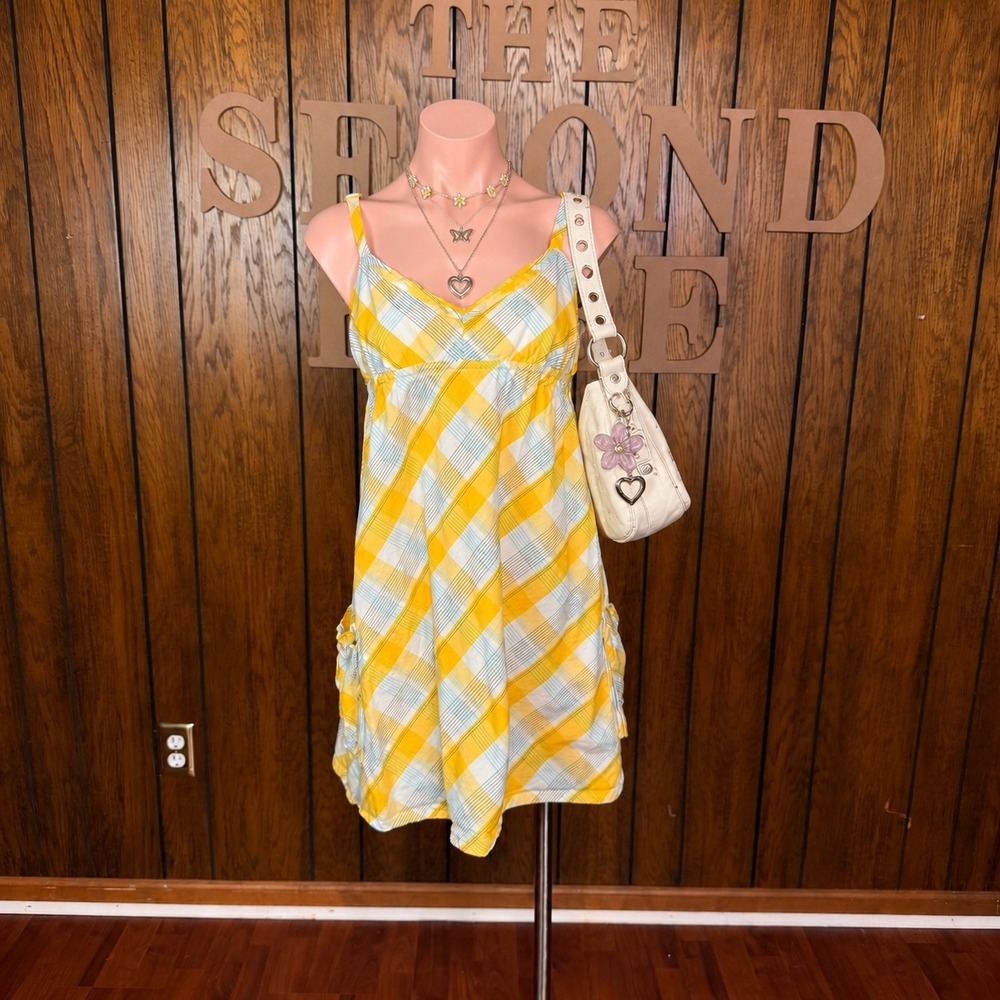 Vintage Y2K Yellow Plaid Mini Dress Roxy Women M Twee Retro Preppy Cottagecore